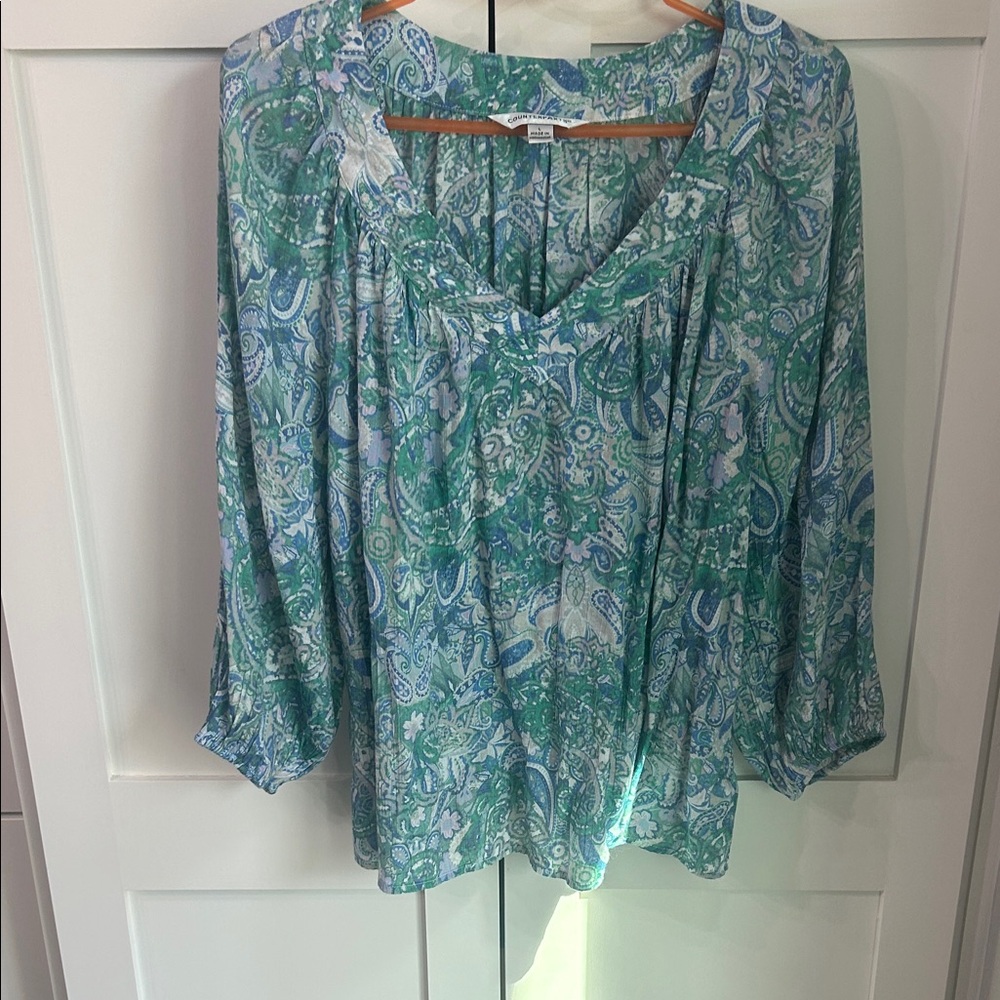 Counterparts Green & Blue Paisley V-Neck Blouse